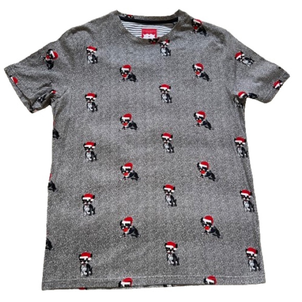 NWT MENS DENIM & FLOWER PUG SANTA HAT CHRISTMAS SHIRT LARGE